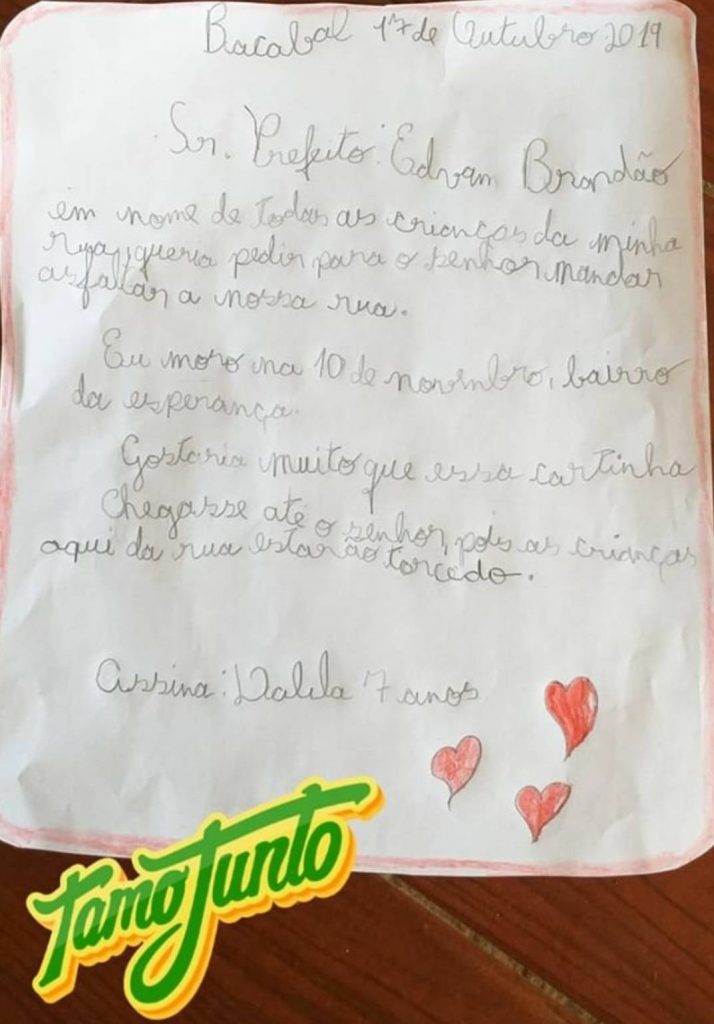 Criança de 7 anos escreve carta para prefeito pedindo melhorias para o seu bairro em Bacabal (MA)