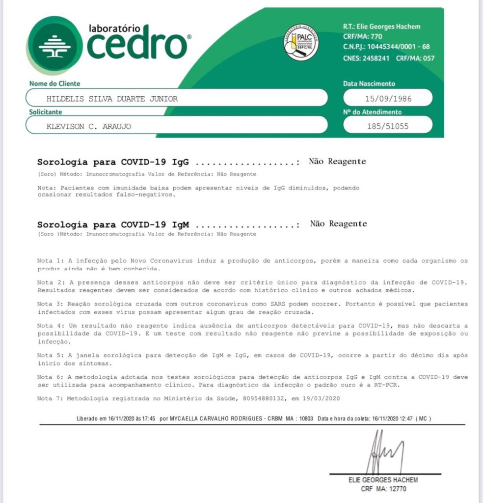 Após ser diagnosticado com Covid-19, Duarte Jr apresenta exame e diz está curado