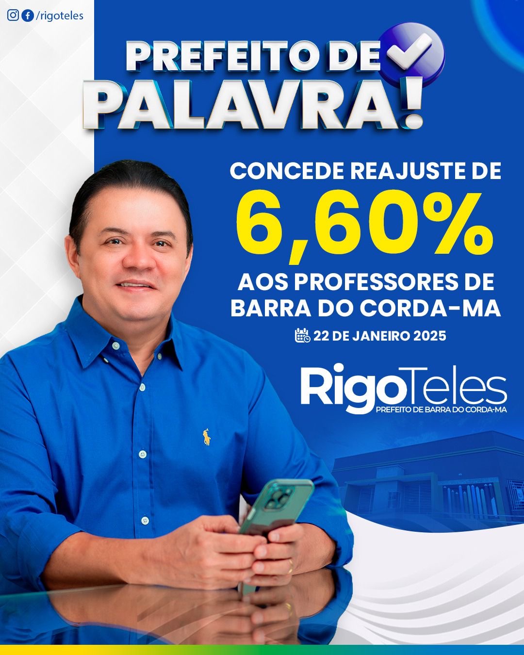 Rigo Teles concede reajuste de 6,60% aos professores de Barra do Corda, valor acima do estabelecido pelo governo federal