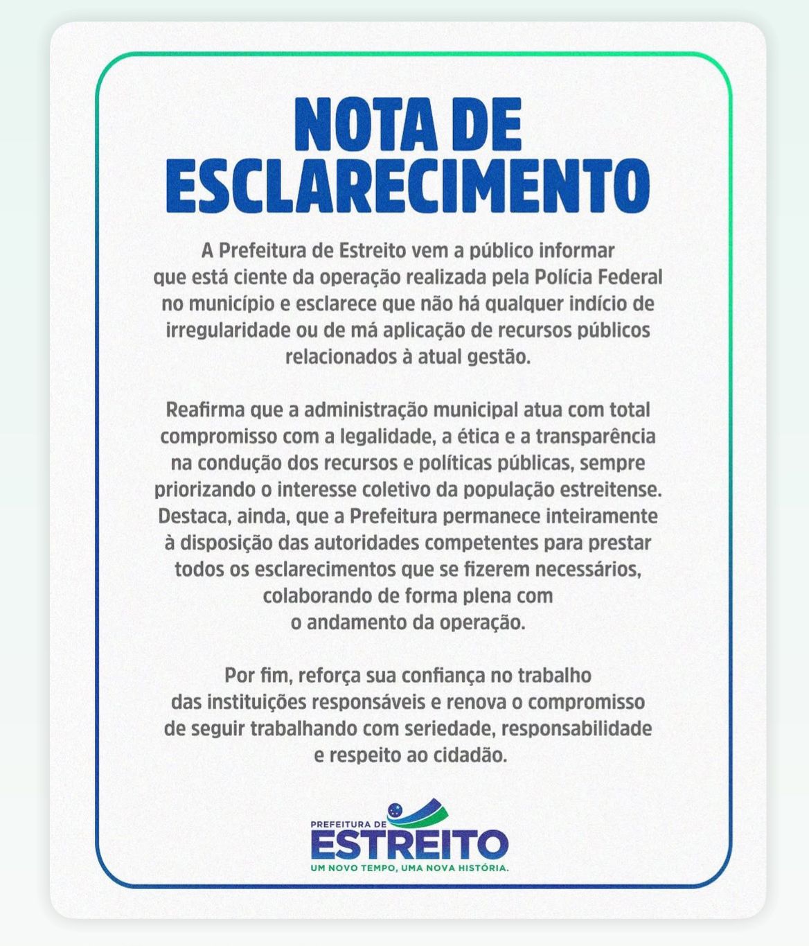 Prefeitura de Estreito se manifesta após operação da Polícia Federal no município