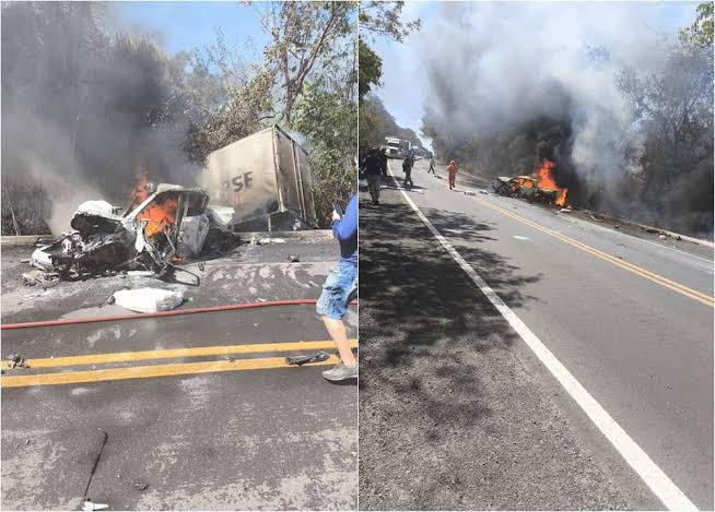 Caminhão e caminhonete pegam fogo durante colisão na BR-316 em Caxias deixando três mortos