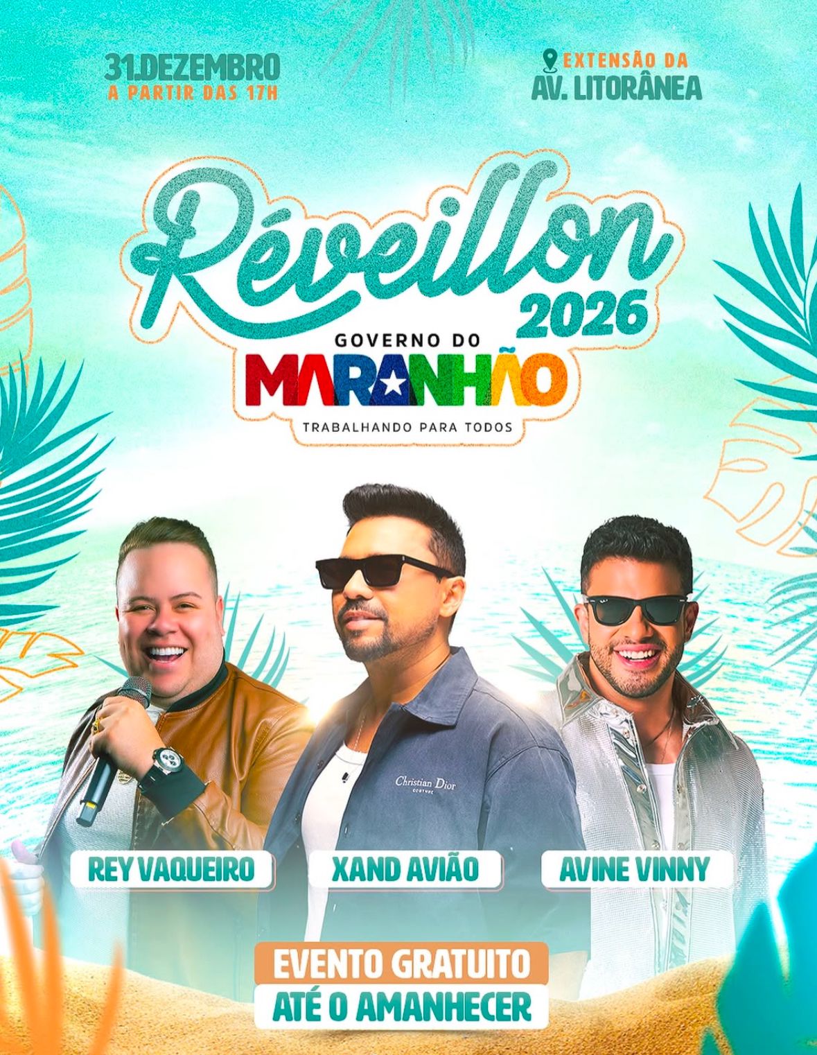 Rey Vaqueiro, Xand Avião, Avine Vinny no Réveillon 2026 do Governo do Maranhão na Avenida Litorânea em São Luís