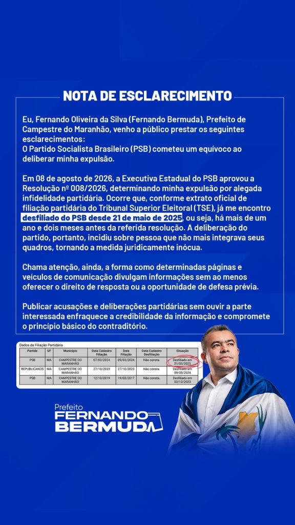 Prefeito Fernando Bermuda já havia deixado partido antes de suposta expulsão; print sobre ameaça a servidores também é questionado